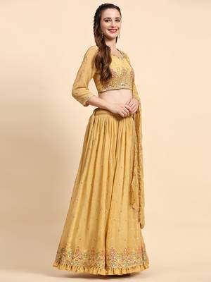 Yellow Sequience Embroidery Work Georgette Fabric Flared Lehenga Choli With Dupatta Semi Stitched. 6