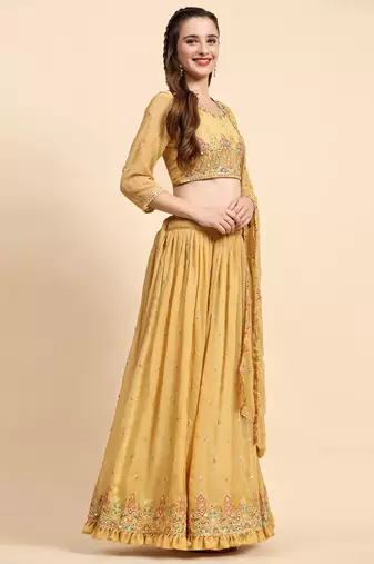 Yellow Sequience Embroidery Work Georgette Fabric Flared Lehenga Choli With Dupatta Semi Stitched.