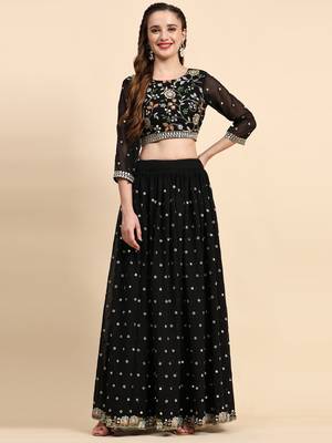 Black Sequience Embroidery Work Georgette Fabric Party wear Lehenga Choli With Dupatta Semi Stitched. 5