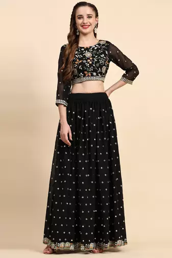 Black Sequience Embroidery Work Georgette Fabric Party wear Lehenga Choli With Dupatta Semi Stitched.