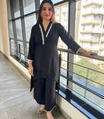 Black Rayon Silver Coin Lace work Kurti with pant for women 