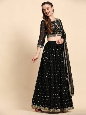 Black Sequience Embroidery Work Georgette Fabric Party wear Lehenga Choli With Dupatta Semi Stitched. 6