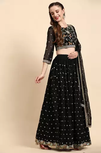 Black Sequience Embroidery Work Georgette Fabric Party wear Lehenga Choli With Dupatta Semi Stitched.
