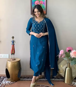 Label Hemant Khandelwal Heavy Embroidery Rayon Lace Work Kurti with Pant & Dupatta For Women