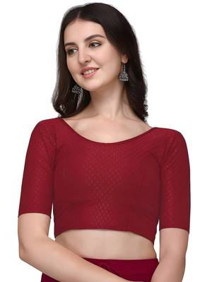 Maroon Cotton Lycra Fully Stretchable Round Neck Readymade Blouse With Half Sleeve 1