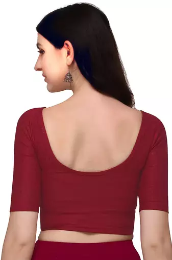Maroon Cotton Lycra Fully Stretchable Round Neck Readymade Blouse With Half Sleeve