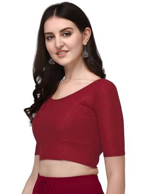 Maroon Cotton Lycra Fully Stretchable Round Neck Readymade Blouse With Half Sleeve 3
