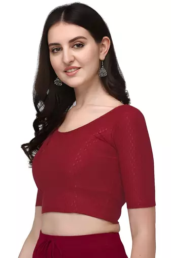 Maroon Cotton Lycra Fully Stretchable Round Neck Readymade Blouse With Half Sleeve