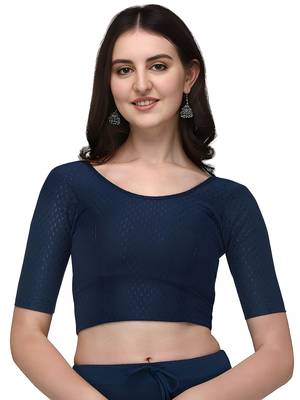 Navy Blue Cotton Lycra Fully Stretchable Round Neck Readymade Blouse With Half Sleeve 1