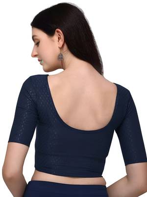 Navy Blue Cotton Lycra Fully Stretchable Round Neck Readymade Blouse With Half Sleeve 2