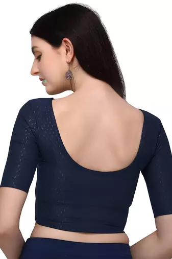 Navy Blue Cotton Lycra Fully Stretchable Round Neck Readymade Blouse With Half Sleeve