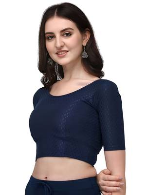 Navy Blue Cotton Lycra Fully Stretchable Round Neck Readymade Blouse With Half Sleeve 3