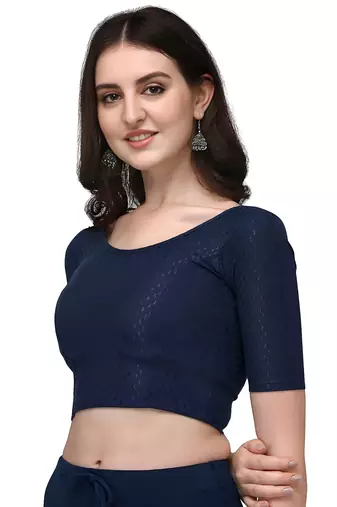 Navy Blue Cotton Lycra Fully Stretchable Round Neck Readymade Blouse With Half Sleeve