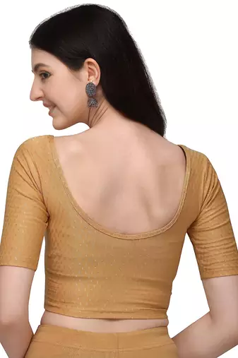 Cream Cotton Lycra Fully Stretchable Round Neck Readymade Blouse With Half Sleeve