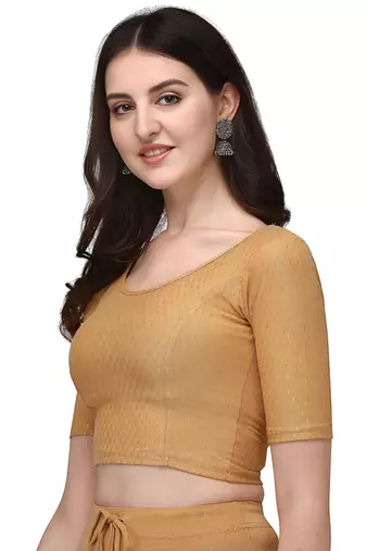 Cream Cotton Lycra Fully Stretchable Round Neck Readymade Blouse With Half Sleeve