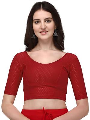 Red Cotton Lycra Fully Stretchable Round Neck Readymade Blouse With Half Sleeve 1
