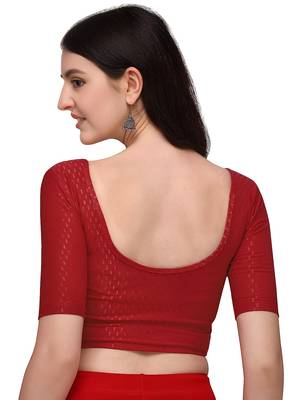 Red Cotton Lycra Fully Stretchable Round Neck Readymade Blouse With Half Sleeve 2