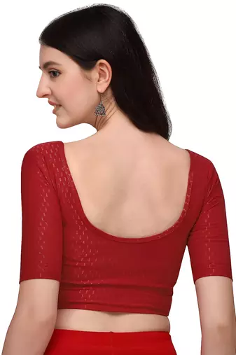 Red Cotton Lycra Fully Stretchable Round Neck Readymade Blouse With Half Sleeve