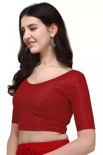 Red Cotton Lycra Fully Stretchable Round Neck Readymade Blouse With Half Sleeve