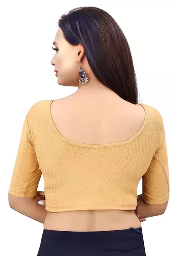 Cream Cotton Lycra Fully Stretchable Round Neck Readymade Blouse With Half Sleeve