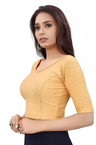 Cream Cotton Lycra Fully Stretchable Round Neck Readymade Blouse With Half Sleeve