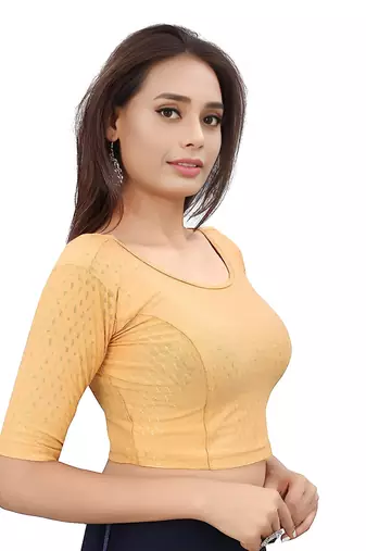 Cream Cotton Lycra Fully Stretchable Round Neck Readymade Blouse With Half Sleeve