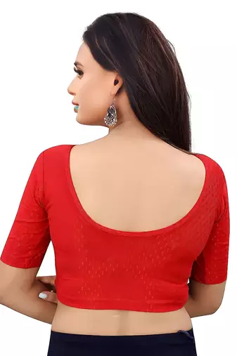 Red Cotton Lycra Fully Stretchable Round Neck Readymade Blouse With Half Sleeve