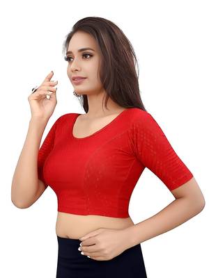 Red Cotton Lycra Fully Stretchable Round Neck Readymade Blouse With Half Sleeve 3