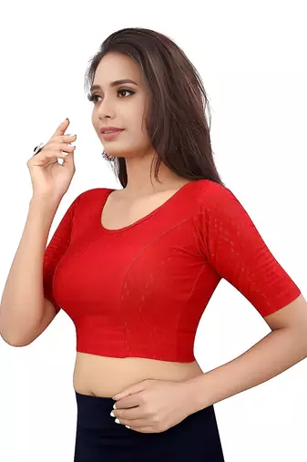 Red Cotton Lycra Fully Stretchable Round Neck Readymade Blouse With Half Sleeve