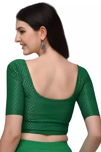 Bottel Green Cotton Lycra Fully Stretchable Round Neck Readymade Blouse With Half Sleeve