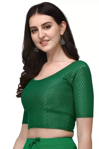Bottel Green Cotton Lycra Fully Stretchable Round Neck Readymade Blouse With Half Sleeve