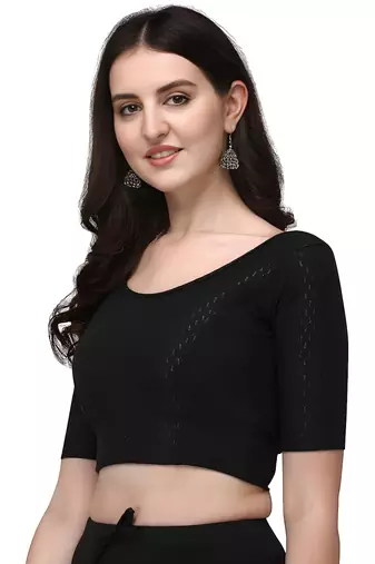 Black Cotton Lycra Fully Stretchable Round Neck Readymade Blouse With Half Sleeve