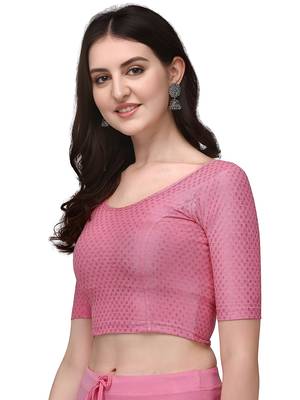 Baby Pink Cotton Lycra Fully Stretchable Round Neck Readymade Blouse With Half Sleeve 3
