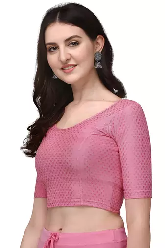 Baby Pink Cotton Lycra Fully Stretchable Round Neck Readymade Blouse With Half Sleeve