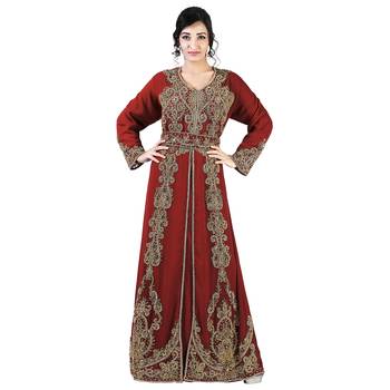 Maroon color full sleeves Handmade Moroccan Kaftan with Sun-proof hiijab 1