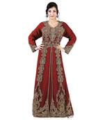 Maroon color luxurious full sleeves Handmade Moroccan Kaftan with Sun-proof hiijab.
