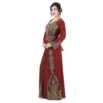 Maroon color full sleeves Handmade Moroccan Kaftan with Sun-proof hiijab 3