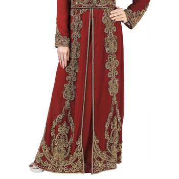 Maroon color full sleeves Handmade Moroccan Kaftan with Sun-proof hiijab 4