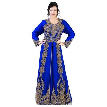 Royal -Blue color Full Sleeves Handmade Moroccan Kaftan With Sun-proof hijab 1