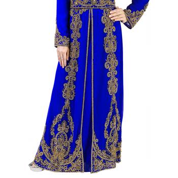 Royal -Blue color Full Sleeves Handmade Moroccan Kaftan With Sun-proof hijab 4