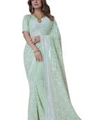 Pista green heavy resham sequence embroidery work georgette party wear with blouse