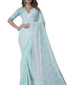 Sea green heavy resham sequence embroidery work georgette party wear with blouse
