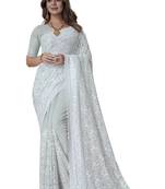 Dusty pista heavy resham sequence embroidery work georgette party wear with blouse