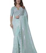 Sea green heavy resham sequence embroidery work georgette party wear with blouse