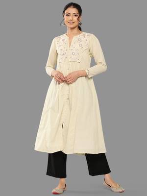 Janasya women's off white dobby cotton solid a-line kurta 1