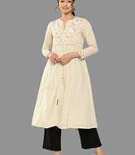 Janasya women's off white dobby cotton solid a-line kurta