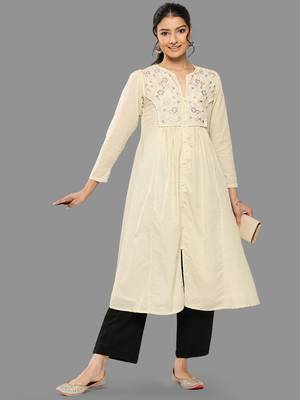 Janasya women's off white dobby cotton solid a-line kurta 2