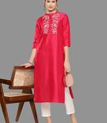 Janasya women's pink crepe silk yoke embroidered straight kurta
