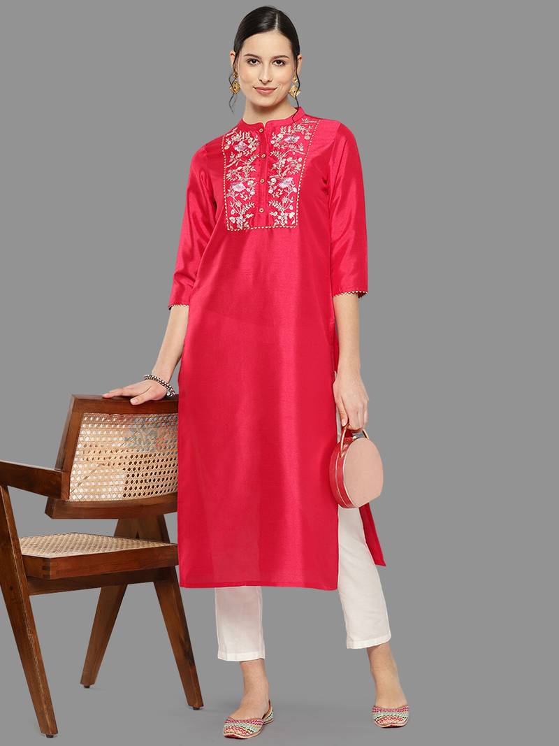 Janasya women's pink crepe silk yoke embroidered straight kurta