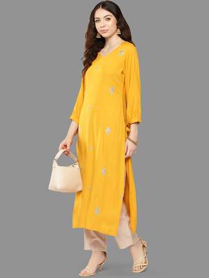 Janasya women's mustard rayon embroidered straight kurta 2